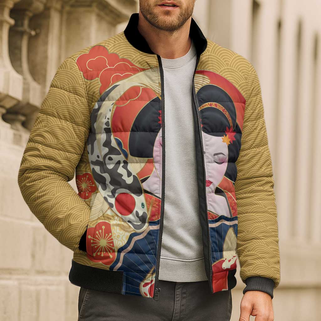 Japanese Geisha Koi Fish Bomber Puffer Jacket Cherry Blossoms Yellow Seigaiha Pattern - Wonder Print Shop