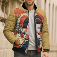 Japanese Geisha Koi Fish Bomber Puffer Jacket Cherry Blossoms Yellow Seigaiha Pattern - Wonder Print Shop