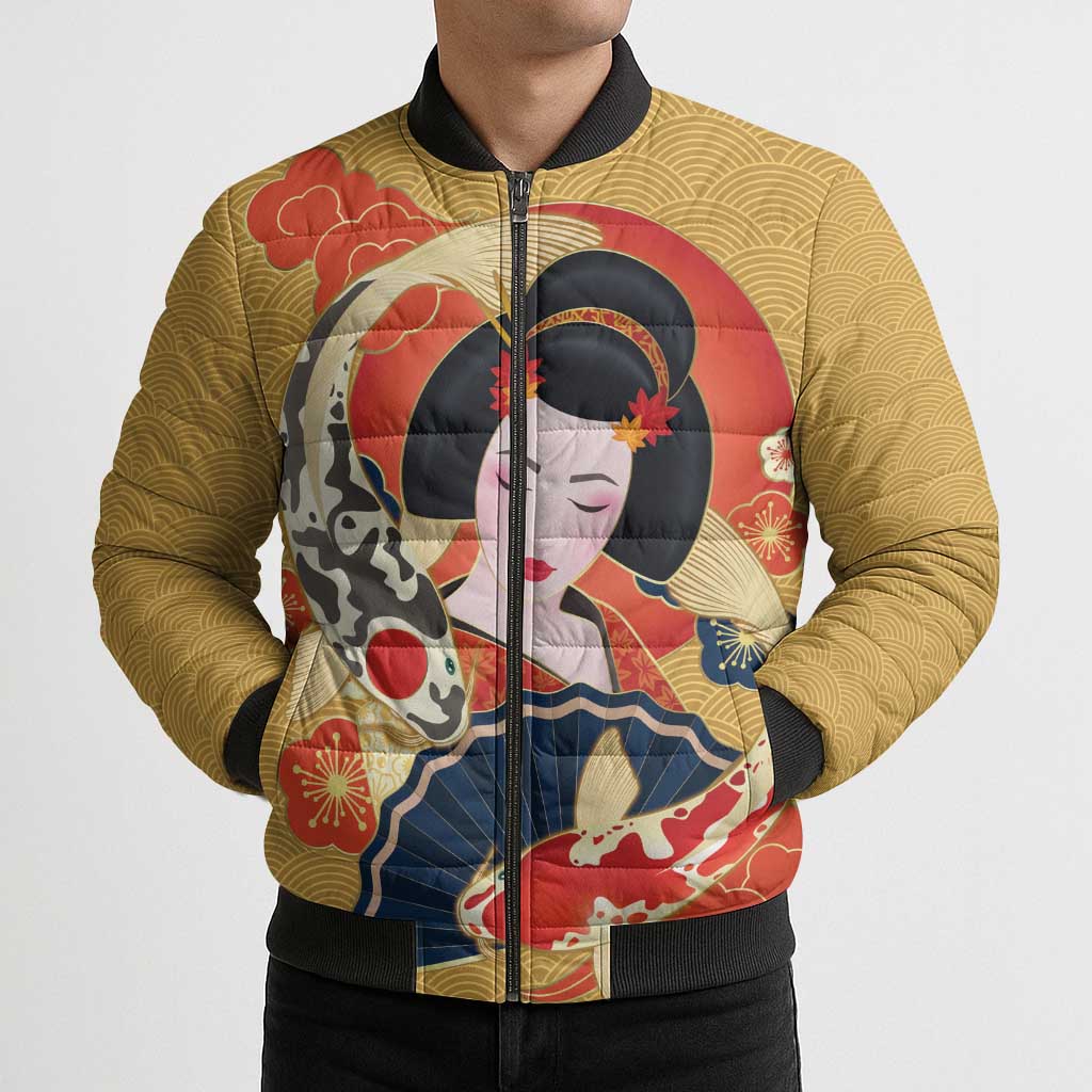 Japanese Geisha Koi Fish Bomber Puffer Jacket Cherry Blossoms Yellow Seigaiha Pattern - Wonder Print Shop