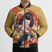 Japanese Geisha Koi Fish Bomber Puffer Jacket Cherry Blossoms Yellow Seigaiha Pattern - Wonder Print Shop