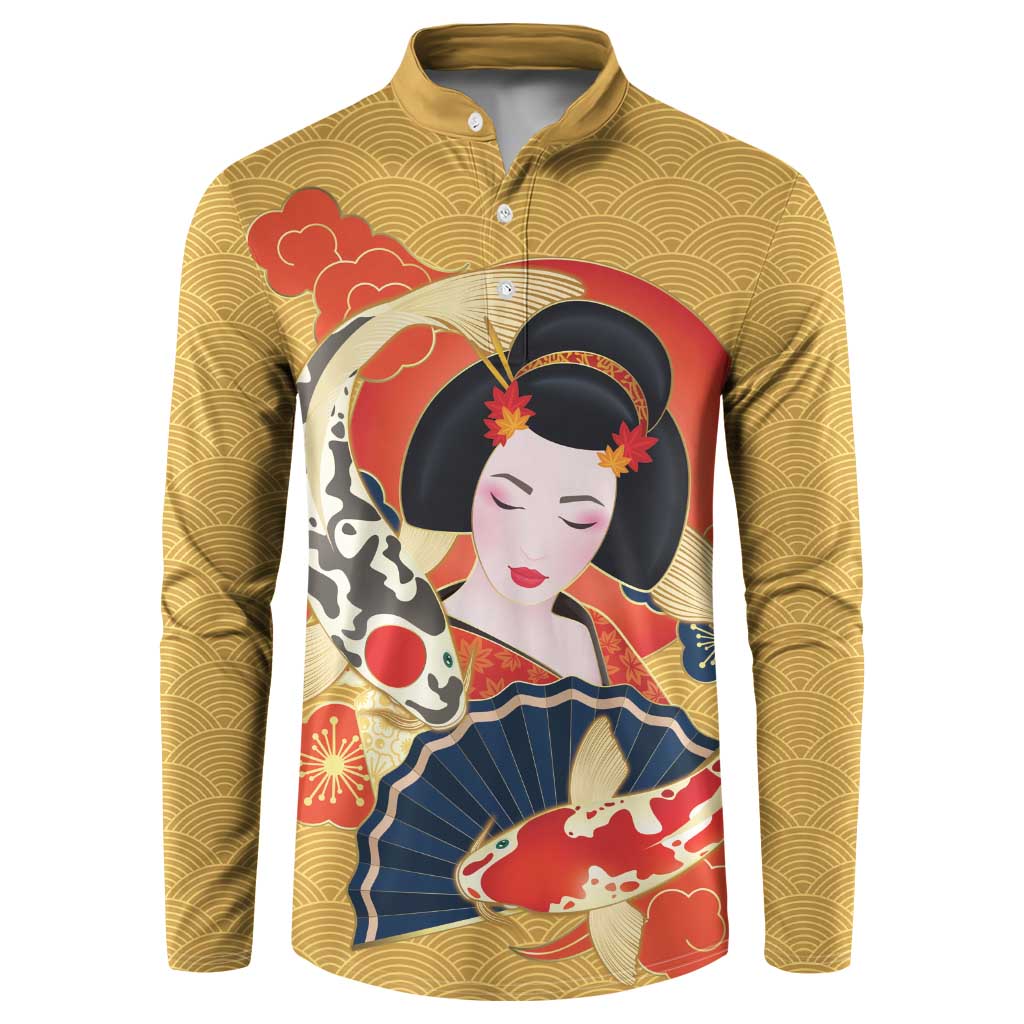 Japanese Geisha Koi Fish Button Sweatshirt Cherry Blossoms Yellow Seigaiha Pattern - Wonder Print Shop