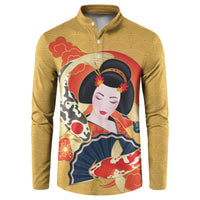 Japanese Geisha Koi Fish Button Sweatshirt Cherry Blossoms Yellow Seigaiha Pattern - Wonder Print Shop