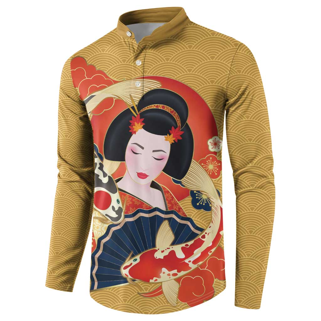 Japanese Geisha Koi Fish Button Sweatshirt Cherry Blossoms Yellow Seigaiha Pattern - Wonder Print Shop