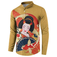 Japanese Geisha Koi Fish Button Sweatshirt Cherry Blossoms Yellow Seigaiha Pattern - Wonder Print Shop