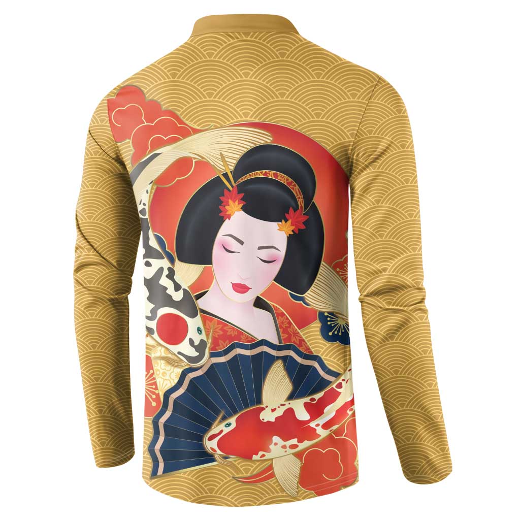 Japanese Geisha Koi Fish Button Sweatshirt Cherry Blossoms Yellow Seigaiha Pattern - Wonder Print Shop