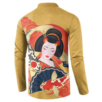 Japanese Geisha Koi Fish Button Sweatshirt Cherry Blossoms Yellow Seigaiha Pattern - Wonder Print Shop