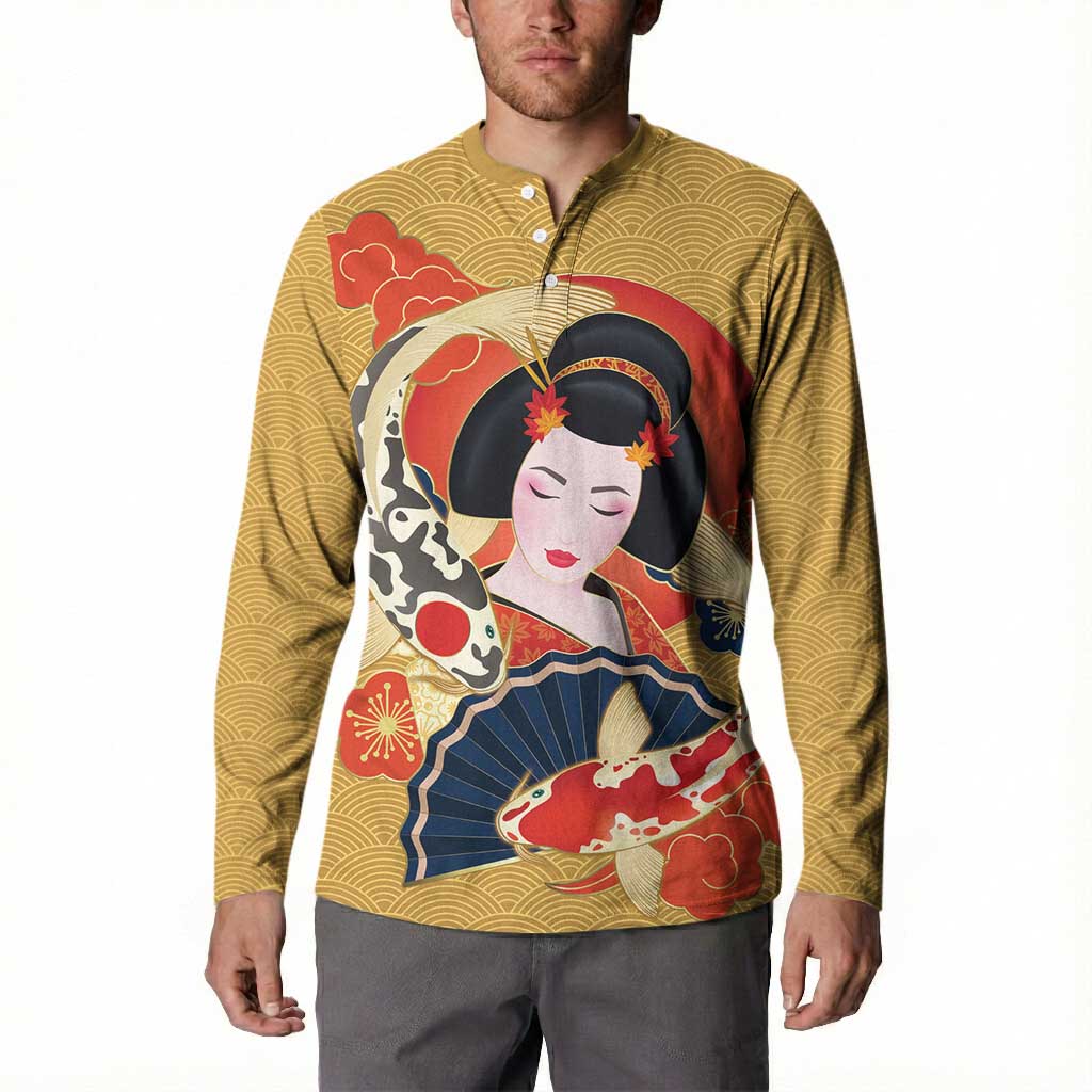 Japanese Geisha Koi Fish Button Sweatshirt Cherry Blossoms Yellow Seigaiha Pattern - Wonder Print Shop