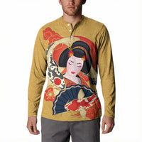 Japanese Geisha Koi Fish Button Sweatshirt Cherry Blossoms Yellow Seigaiha Pattern - Wonder Print Shop