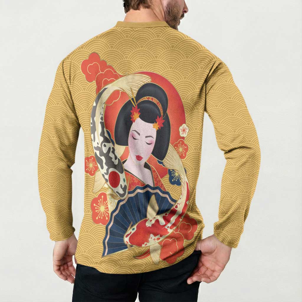 Japanese Geisha Koi Fish Button Sweatshirt Cherry Blossoms Yellow Seigaiha Pattern - Wonder Print Shop