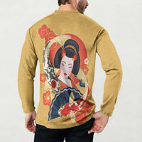 Japanese Geisha Koi Fish Button Sweatshirt Cherry Blossoms Yellow Seigaiha Pattern - Wonder Print Shop