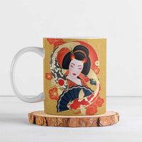 Japanese Geisha Koi Fish Ceramic Mug Cherry Blossoms Yellow Seigaiha Pattern - Wonder Print Shop