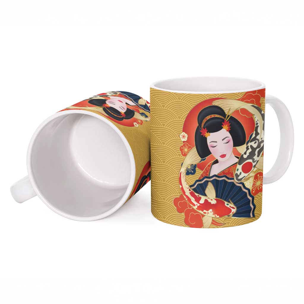 Japanese Geisha Koi Fish Ceramic Mug Cherry Blossoms Yellow Seigaiha Pattern - Wonder Print Shop