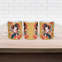 Japanese Geisha Koi Fish Ceramic Mug Cherry Blossoms Yellow Seigaiha Pattern - Wonder Print Shop