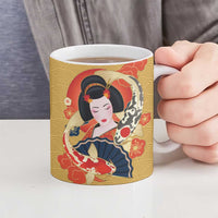 Japanese Geisha Koi Fish Ceramic Mug Cherry Blossoms Yellow Seigaiha Pattern - Wonder Print Shop