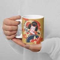 Japanese Geisha Koi Fish Ceramic Mug Cherry Blossoms Yellow Seigaiha Pattern - Wonder Print Shop