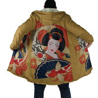 Japanese Geisha Koi Fish Cloak Cherry Blossoms Yellow Seigaiha Pattern - Wonder Print Shop