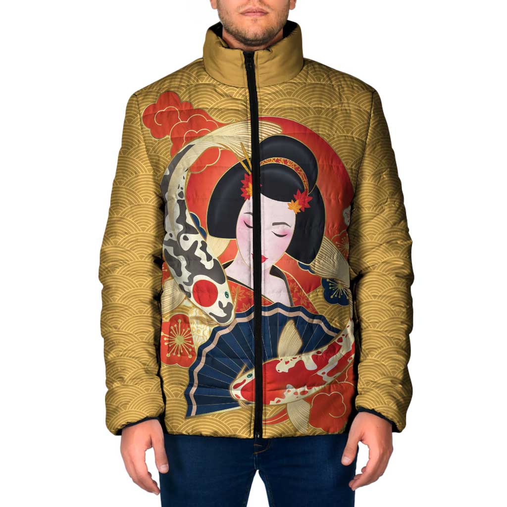Japanese Geisha Koi Fish Padded Jacket Cherry Blossoms Yellow Seigaiha Pattern - Wonder Print Shop
