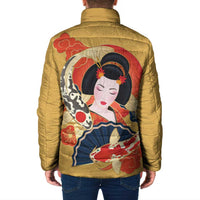 Japanese Geisha Koi Fish Padded Jacket Cherry Blossoms Yellow Seigaiha Pattern - Wonder Print Shop