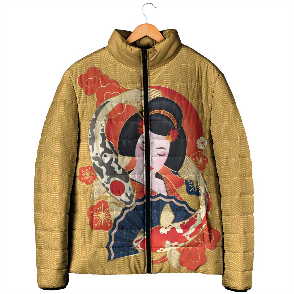 Japanese Geisha Koi Fish Padded Jacket Cherry Blossoms Yellow Seigaiha Pattern - Wonder Print Shop