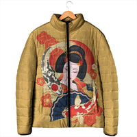 Japanese Geisha Koi Fish Padded Jacket Cherry Blossoms Yellow Seigaiha Pattern - Wonder Print Shop