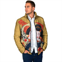 Japanese Geisha Koi Fish Padded Jacket Cherry Blossoms Yellow Seigaiha Pattern - Wonder Print Shop