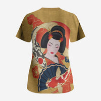 Japanese Geisha Koi Fish Scrub Top Cherry Blossoms Yellow Seigaiha Pattern - Wonder Print Shop