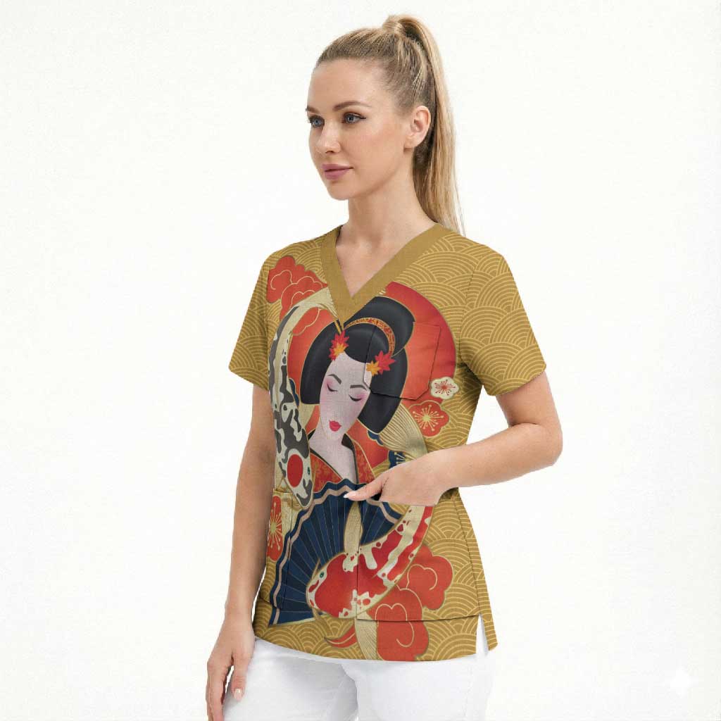 Japanese Geisha Koi Fish Scrub Top Cherry Blossoms Yellow Seigaiha Pattern - Wonder Print Shop