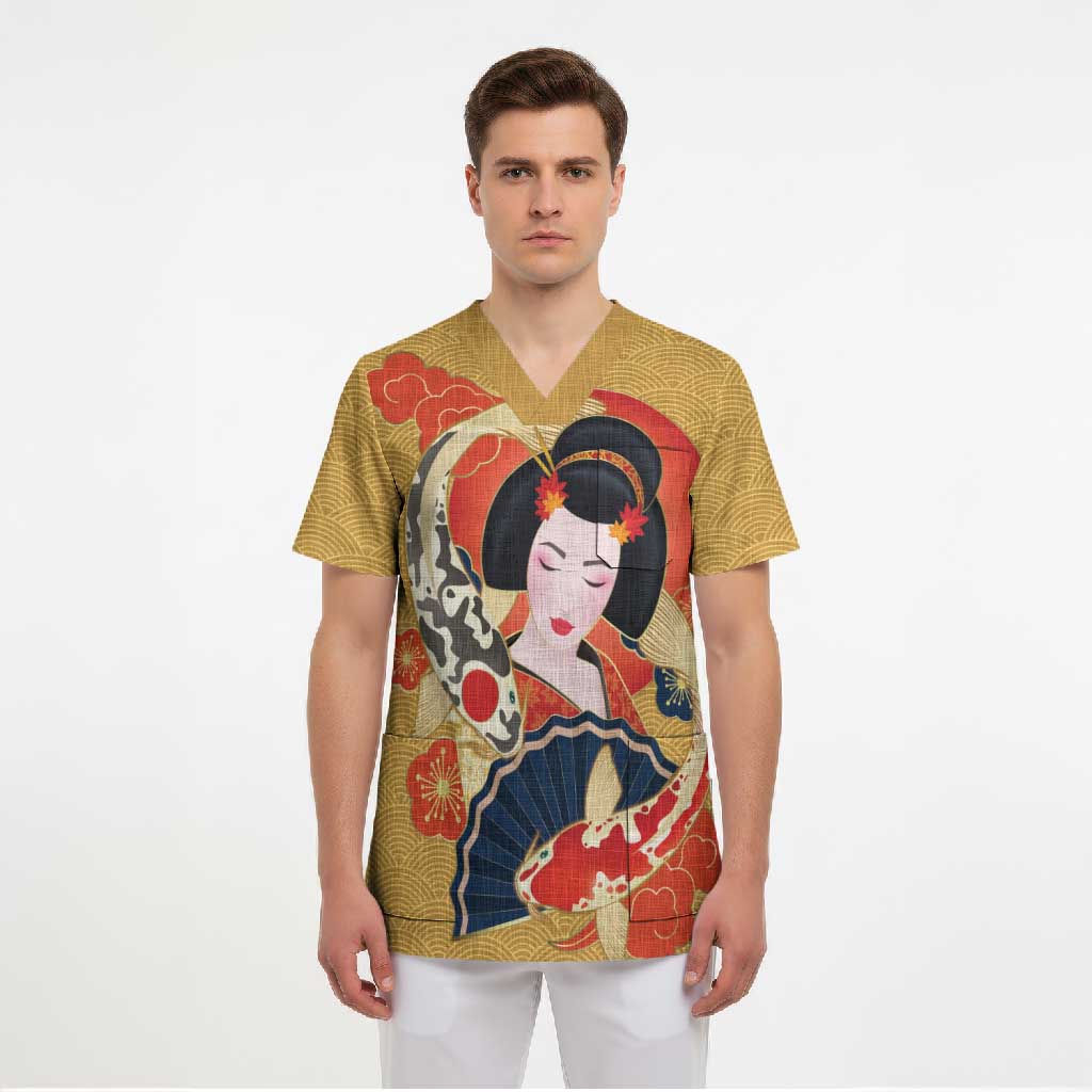 Japanese Geisha Koi Fish Scrub Top Cherry Blossoms Yellow Seigaiha Pattern - Wonder Print Shop