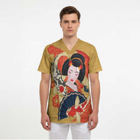 Japanese Geisha Koi Fish Scrub Top Cherry Blossoms Yellow Seigaiha Pattern - Wonder Print Shop