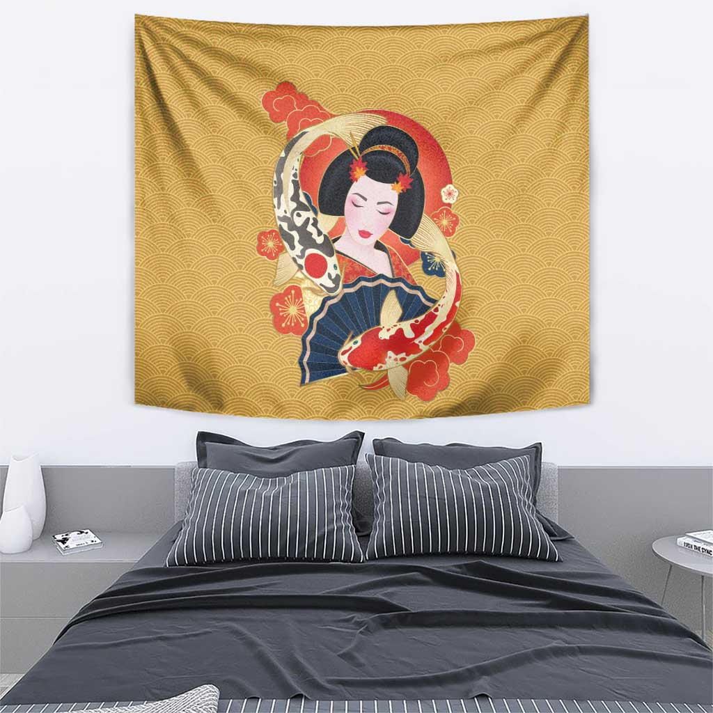 Japanese Geisha Koi Fish Tapestry Cherry Blossoms Yellow Seigaiha Pattern - Wonder Print Shop