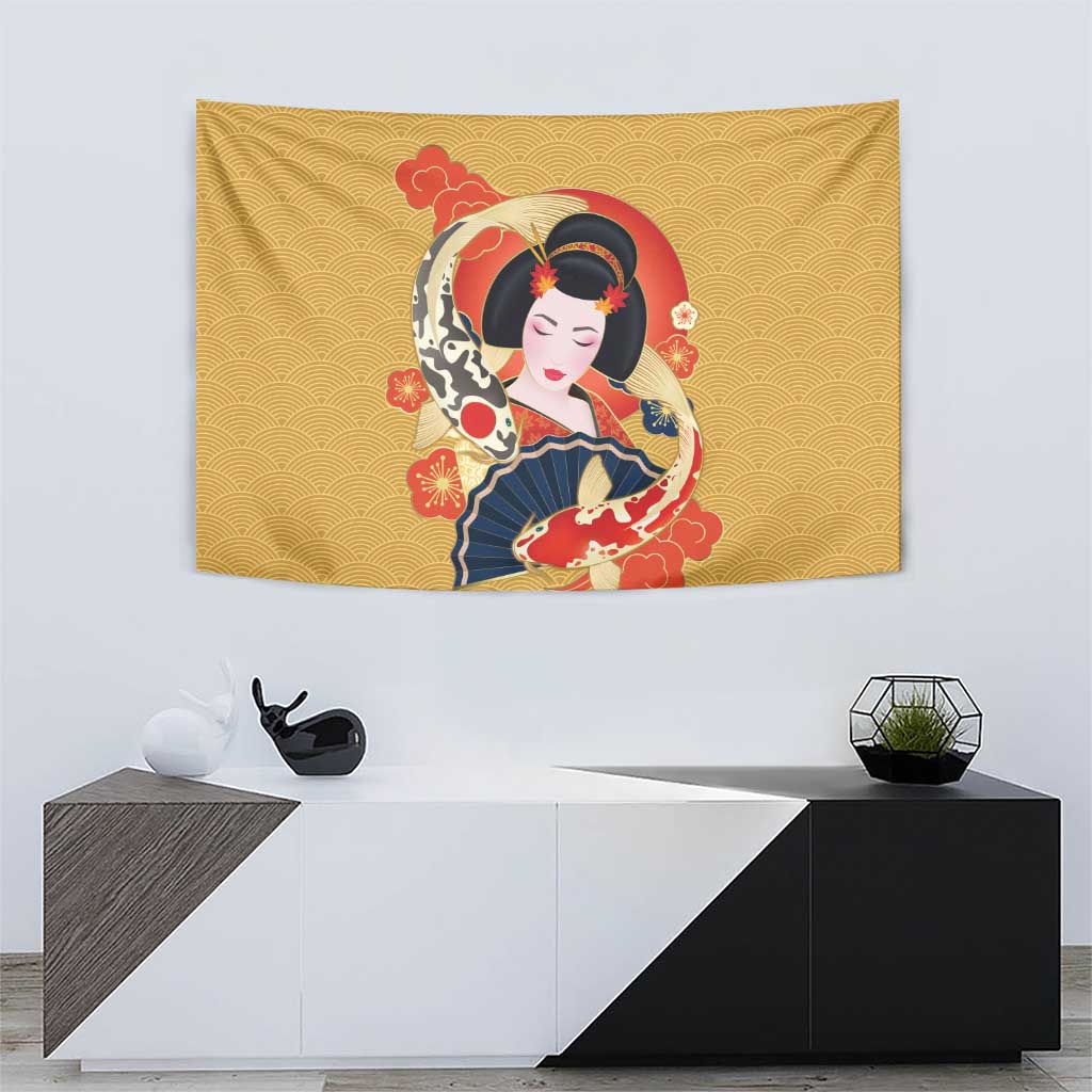 Japanese Geisha Koi Fish Tapestry Cherry Blossoms Yellow Seigaiha Pattern - Wonder Print Shop