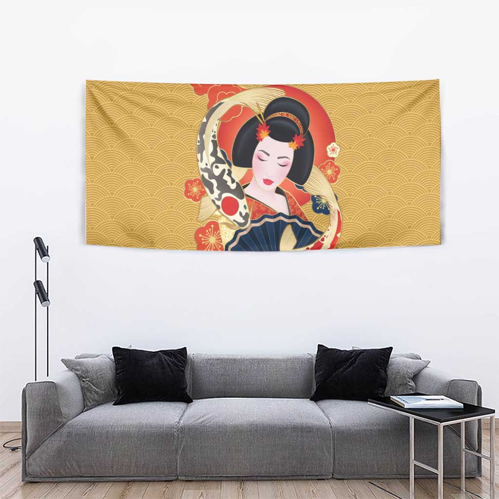 Japanese Geisha Koi Fish Tapestry Cherry Blossoms Yellow Seigaiha Pattern - Wonder Print Shop