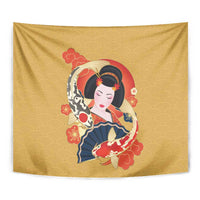 Japanese Geisha Koi Fish Tapestry Cherry Blossoms Yellow Seigaiha Pattern - Wonder Print Shop