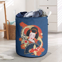 Japanese Geisha Koi Fish Laundry Basket Cherry Blossoms Blue Seigaiha Pattern - Wonder Print Shop