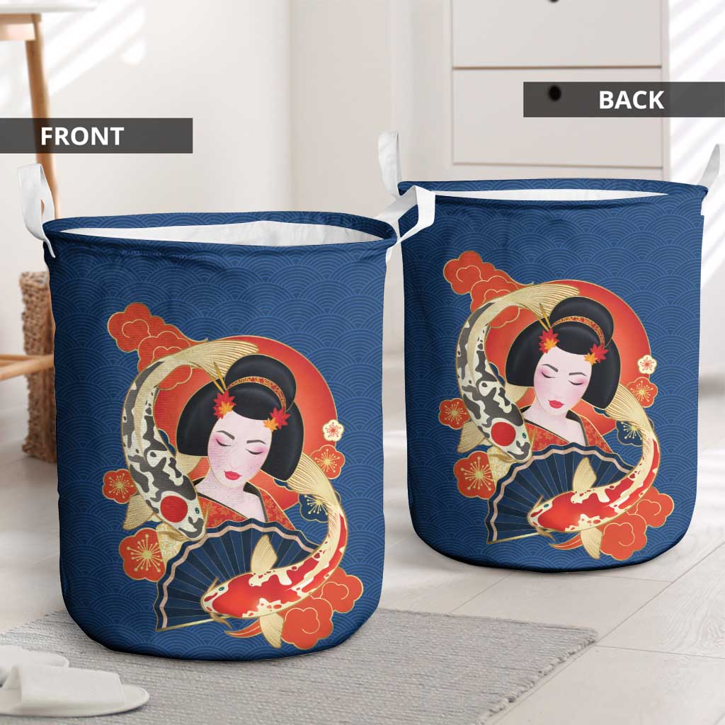 Japanese Geisha Koi Fish Laundry Basket Cherry Blossoms Blue Seigaiha Pattern - Wonder Print Shop