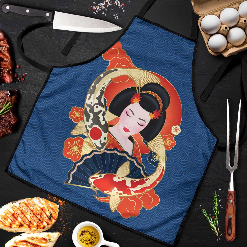 Japanese Geisha Koi Fish Apron Cherry Blossoms Blue Seigaiha Pattern - Wonder Print Shop