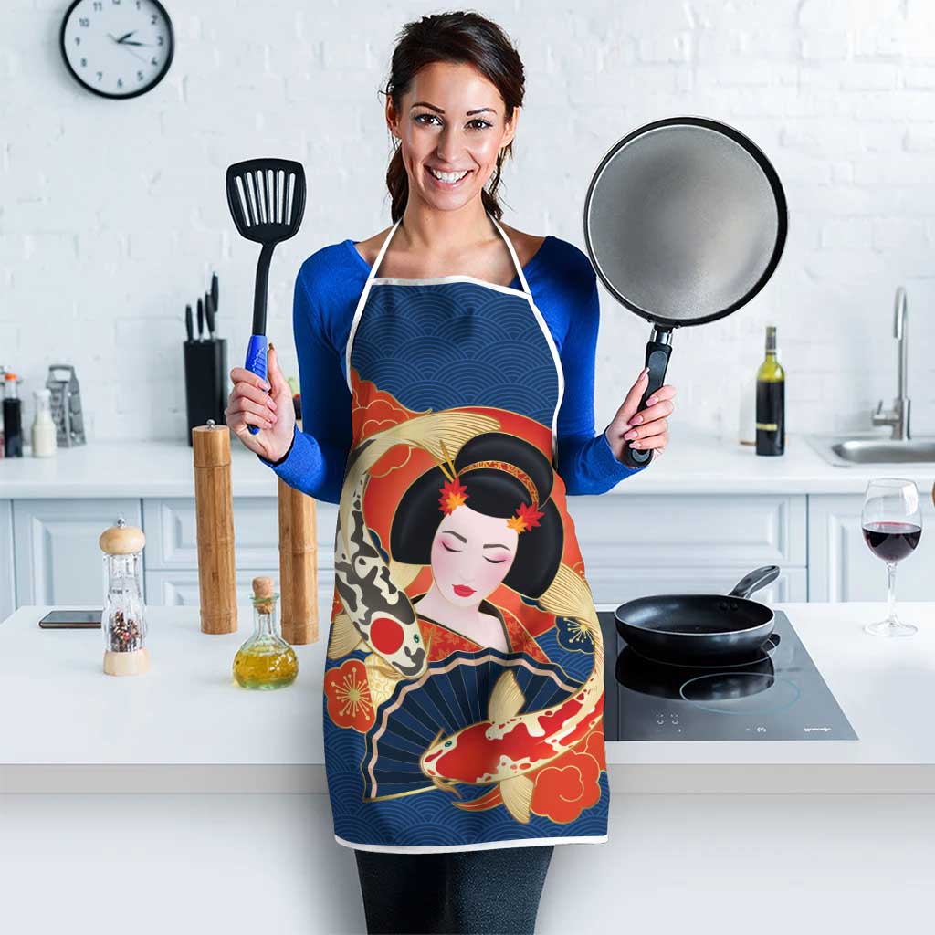 Japanese Geisha Koi Fish Apron Cherry Blossoms Blue Seigaiha Pattern - Wonder Print Shop