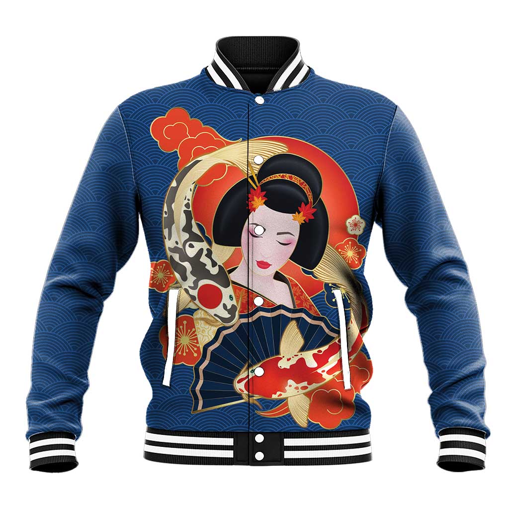 Japanese Geisha Koi Fish Baseball Jacket Cherry Blossoms Blue Seigaiha Pattern - Wonder Print Shop
