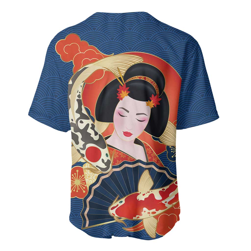Japanese Geisha Koi Fish Baseball Jersey Cherry Blossoms Blue Seigaiha Pattern - Wonder Print Shop