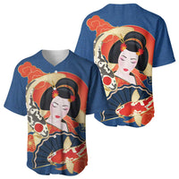 Japanese Geisha Koi Fish Baseball Jersey Cherry Blossoms Blue Seigaiha Pattern - Wonder Print Shop