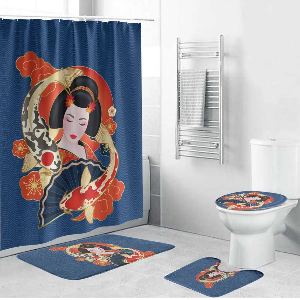 Japanese Geisha Koi Fish Bathroom Set Cherry Blossoms Blue Seigaiha Pattern - Wonder Print Shop