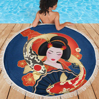 Japanese Geisha Koi Fish Beach Blanket Cherry Blossoms Blue Seigaiha Pattern - Wonder Print Shop
