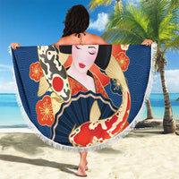 Japanese Geisha Koi Fish Beach Blanket Cherry Blossoms Blue Seigaiha Pattern - Wonder Print Shop