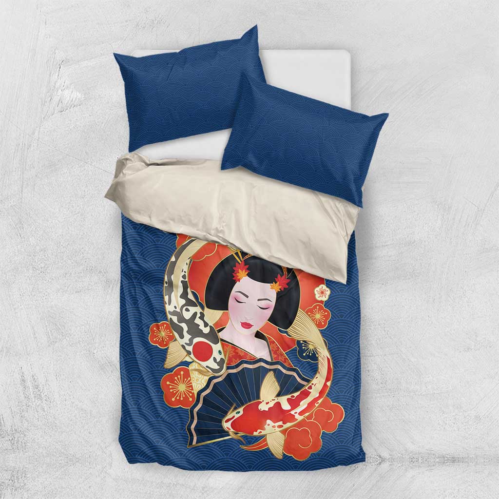 Japanese Geisha Koi Fish Bedding Set Cherry Blossoms Blue Seigaiha Pattern - Wonder Print Shop