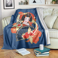 Japanese Geisha Koi Fish Blanket Cherry Blossoms Blue Seigaiha Pattern - Wonder Print Shop