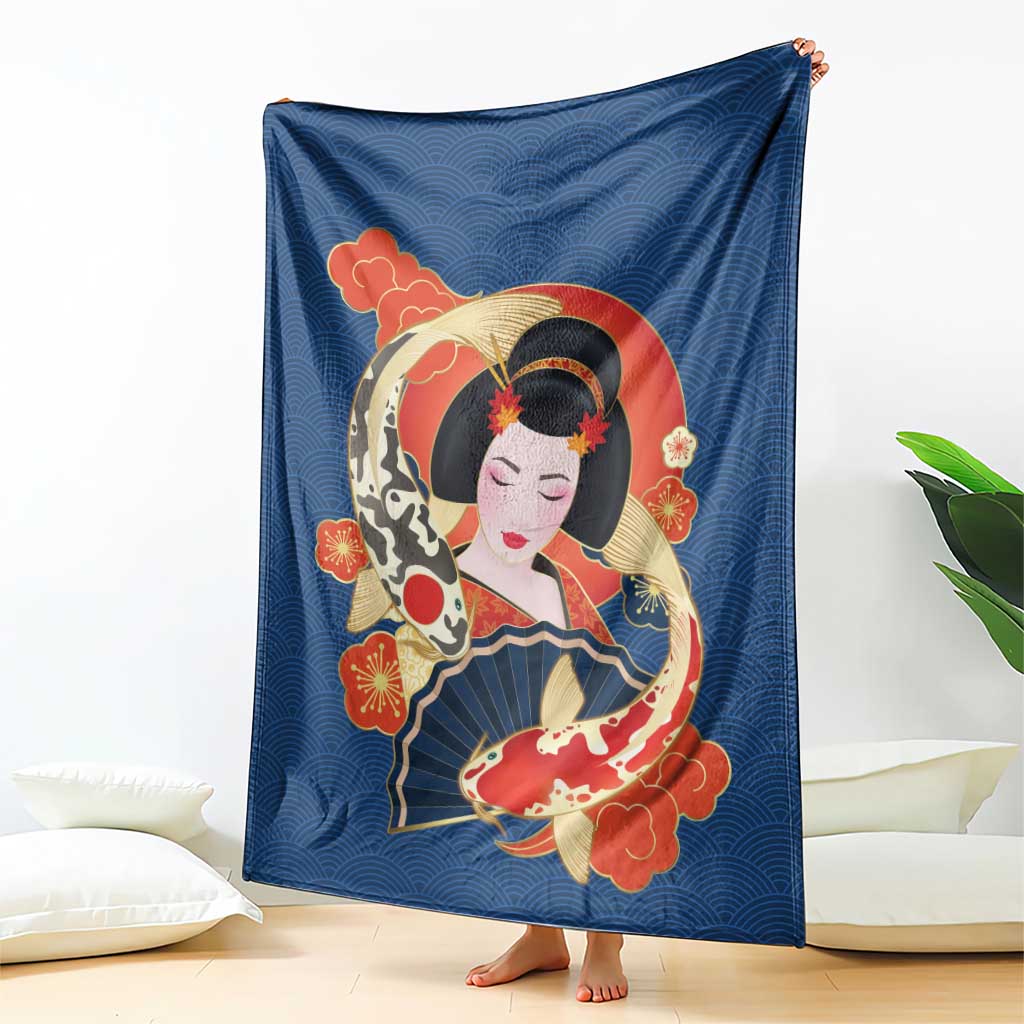 Japanese Geisha Koi Fish Blanket Cherry Blossoms Blue Seigaiha Pattern - Wonder Print Shop
