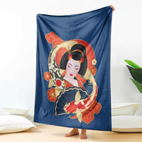 Japanese Geisha Koi Fish Blanket Cherry Blossoms Blue Seigaiha Pattern - Wonder Print Shop