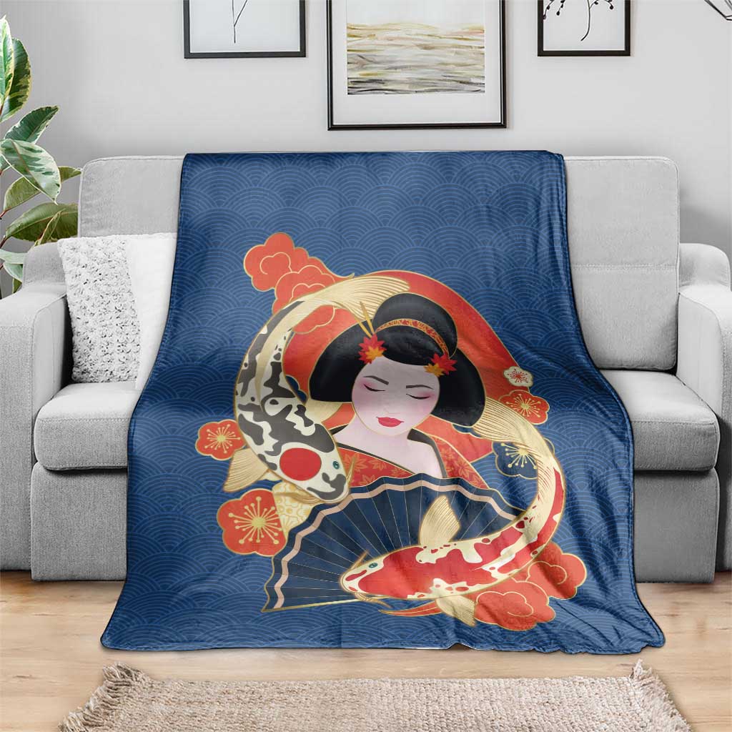 Japanese Geisha Koi Fish Blanket Cherry Blossoms Blue Seigaiha Pattern - Wonder Print Shop