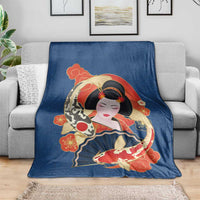 Japanese Geisha Koi Fish Blanket Cherry Blossoms Blue Seigaiha Pattern - Wonder Print Shop