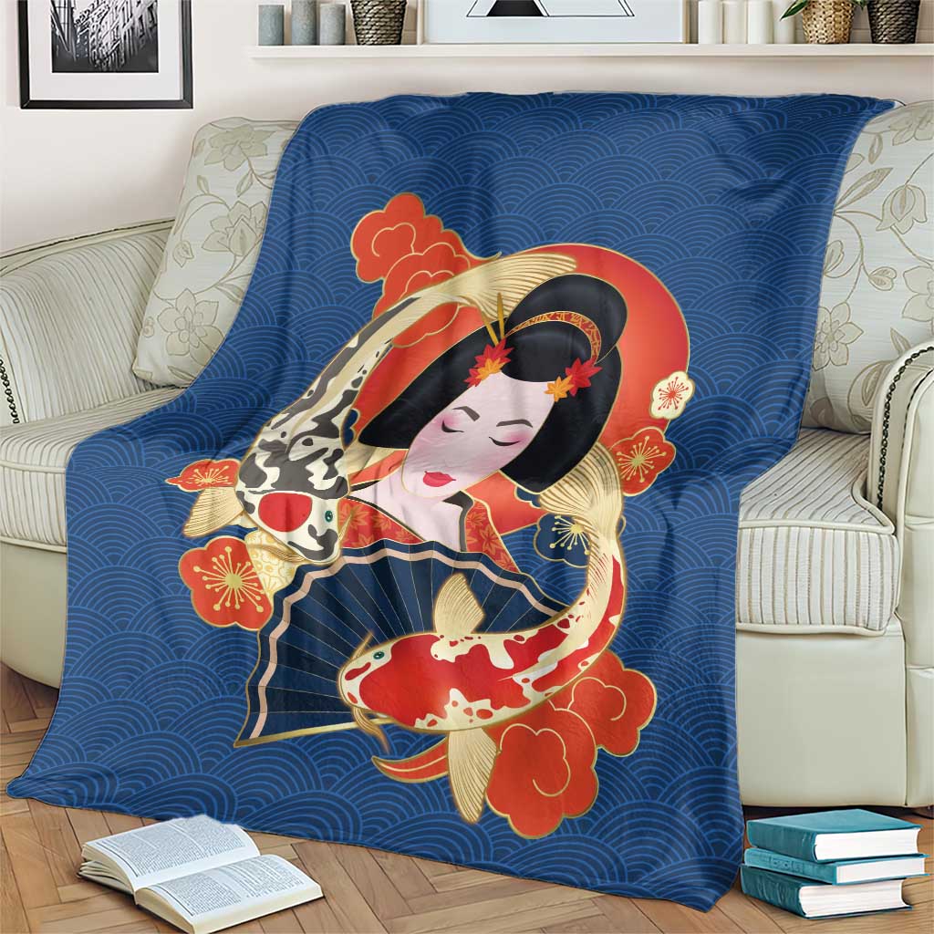 Japanese Geisha Koi Fish Blanket Cherry Blossoms Blue Seigaiha Pattern - Wonder Print Shop